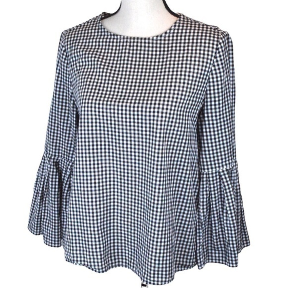 beachlunchlounge Micro Gingham Check Bell Sleeve Cotton Top, Medium